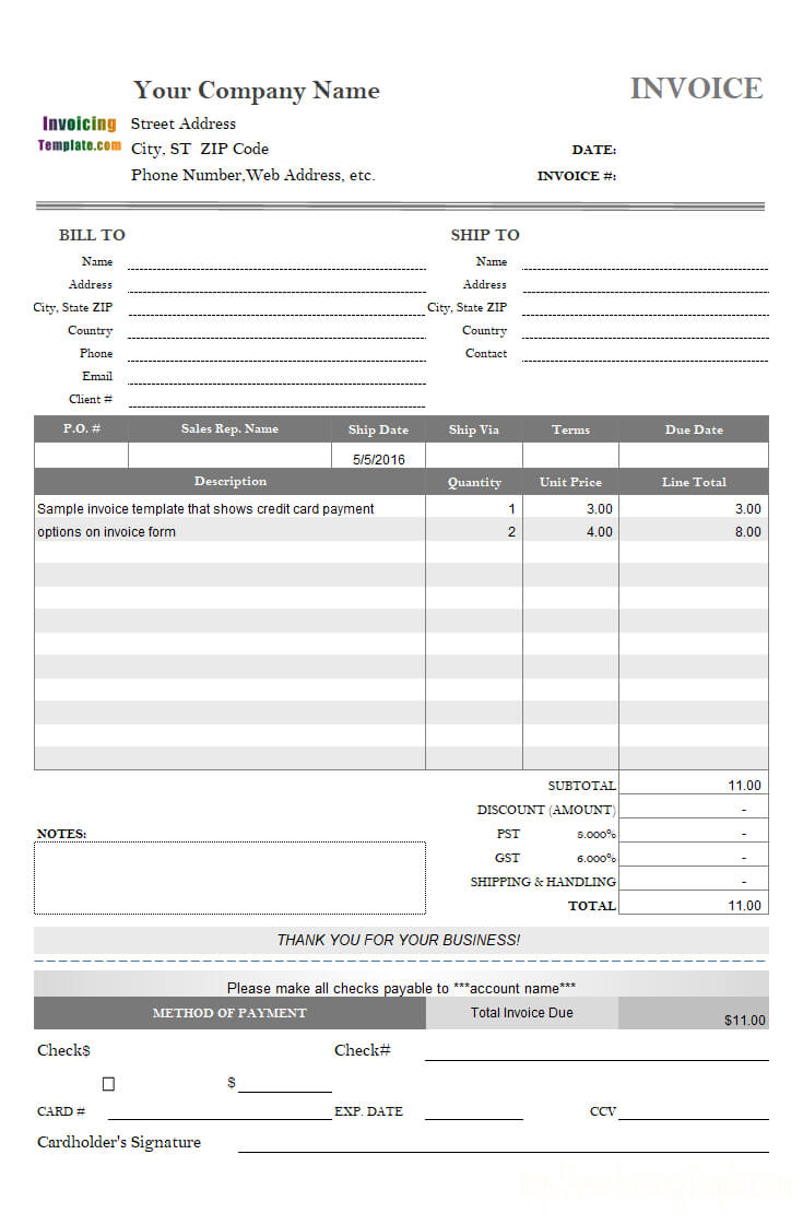 Invoice Template With Credit Card Payment Option With Regard To Credit Card Bill Template