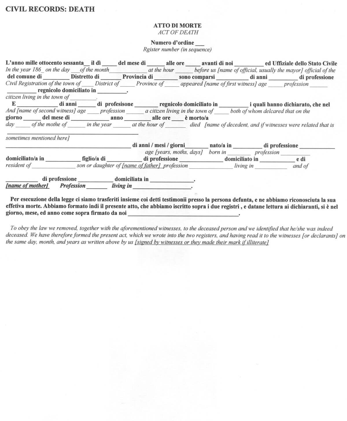 Italian Civil Death Document Translation Genealogy Regarding Death Certificate Translation Template
