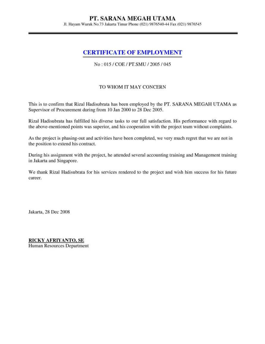 Job Employment Certificate Sample Certification Letter Pertaining To Template Of Certificate Of Employment
