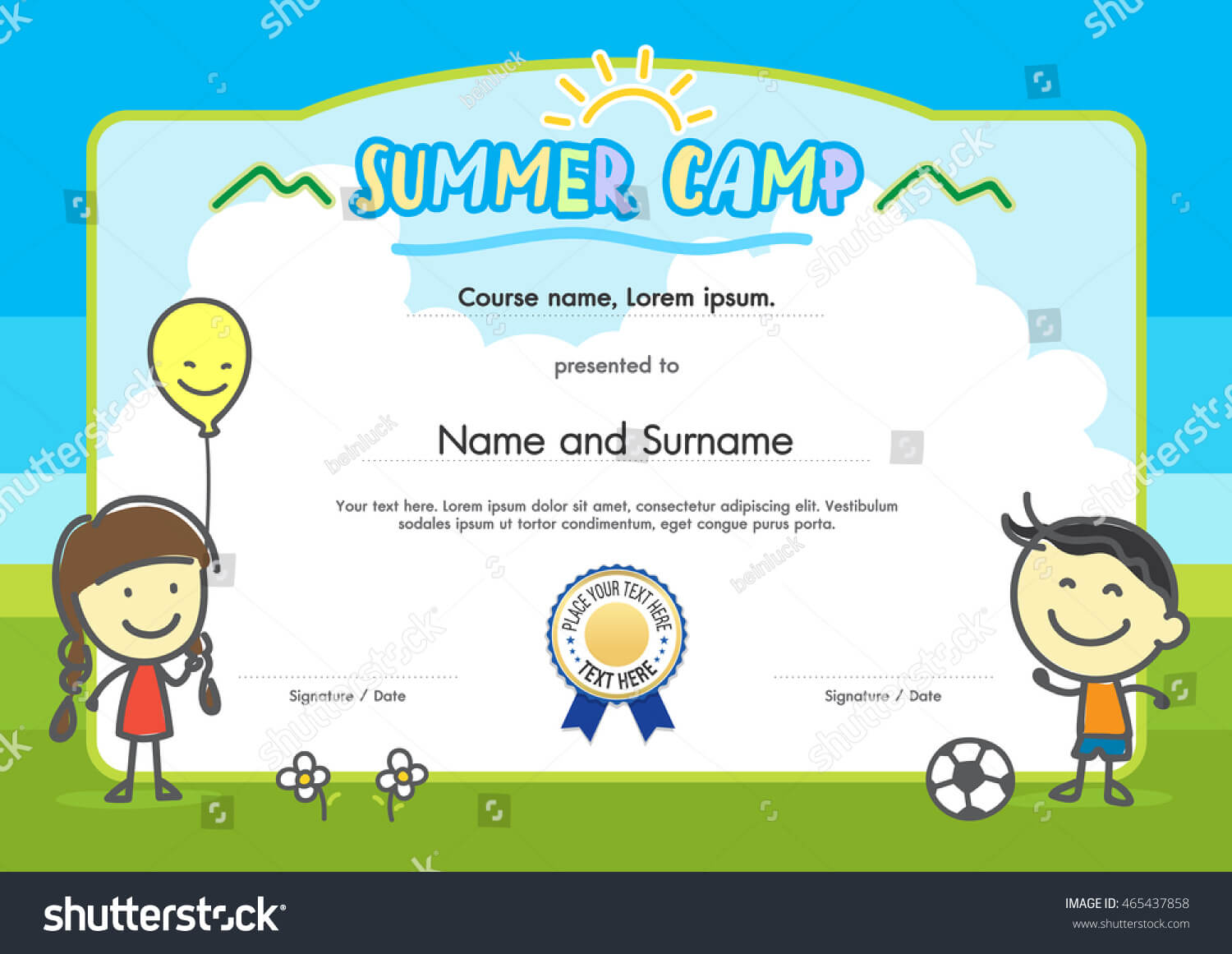 Kids Summer Camp Certificate Document Template Stock Vector For Summer Camp Certificate Template