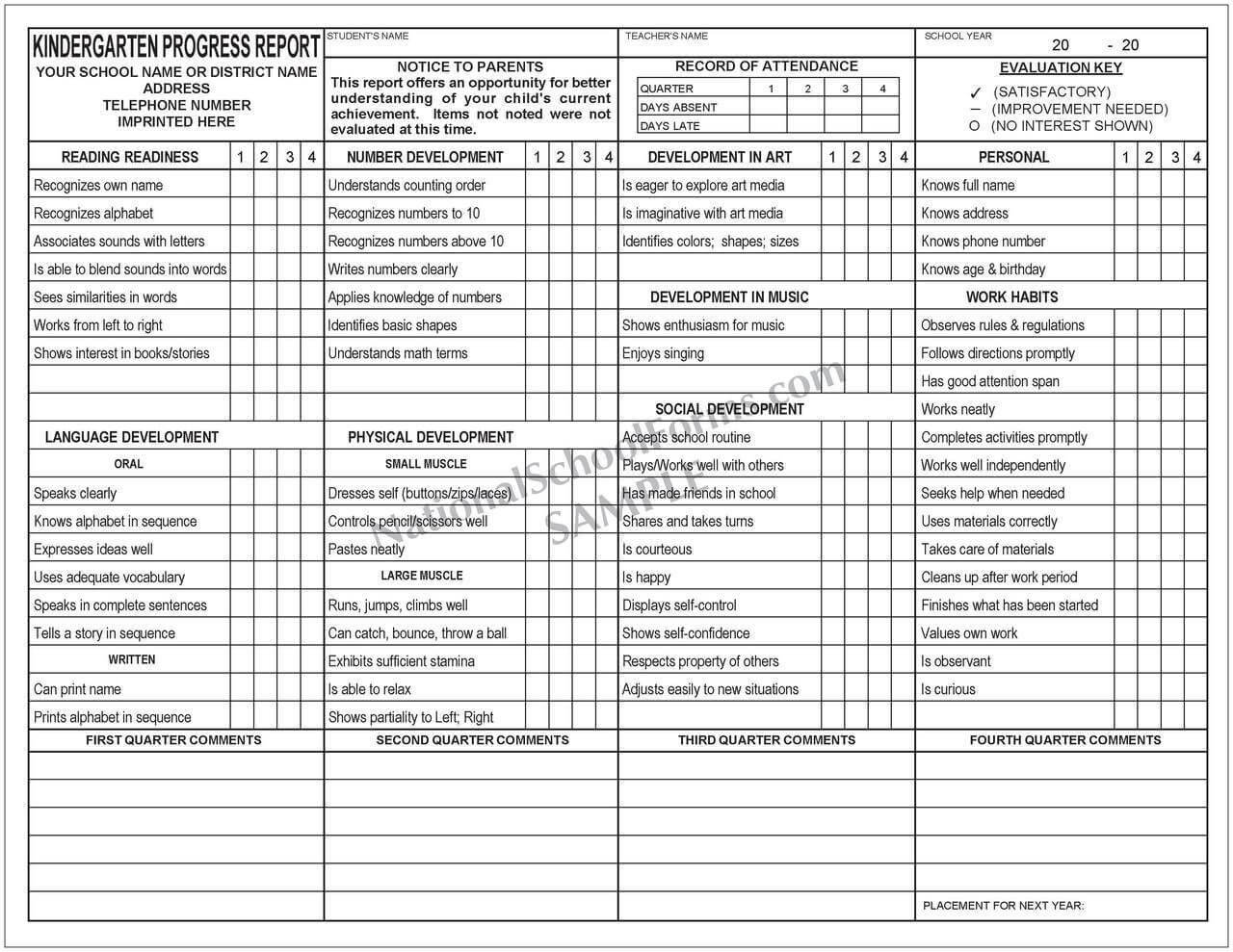 Kindergarten Progress Report – Quarter | Progress Report For Character Report Card Template