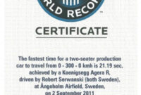 Koenigsegg Agera R Guiness World Record Certificate 30.11 regarding Guinness World Record Certificate Template