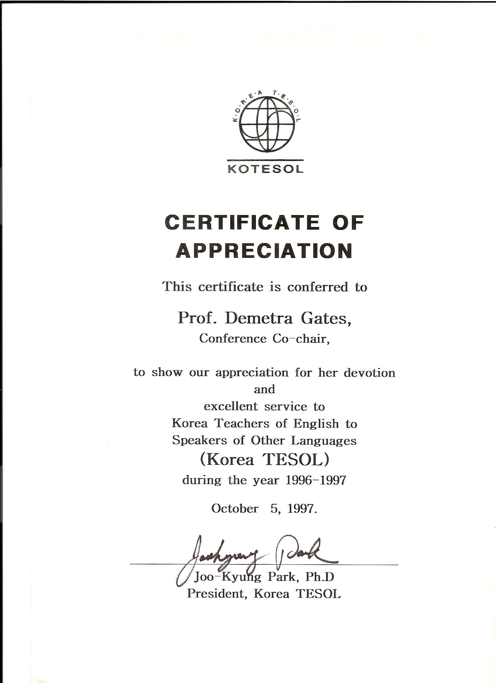 Kotesol Presidential Certificate Of Appreciation (1997 Within Certificate For Years Of Service Template