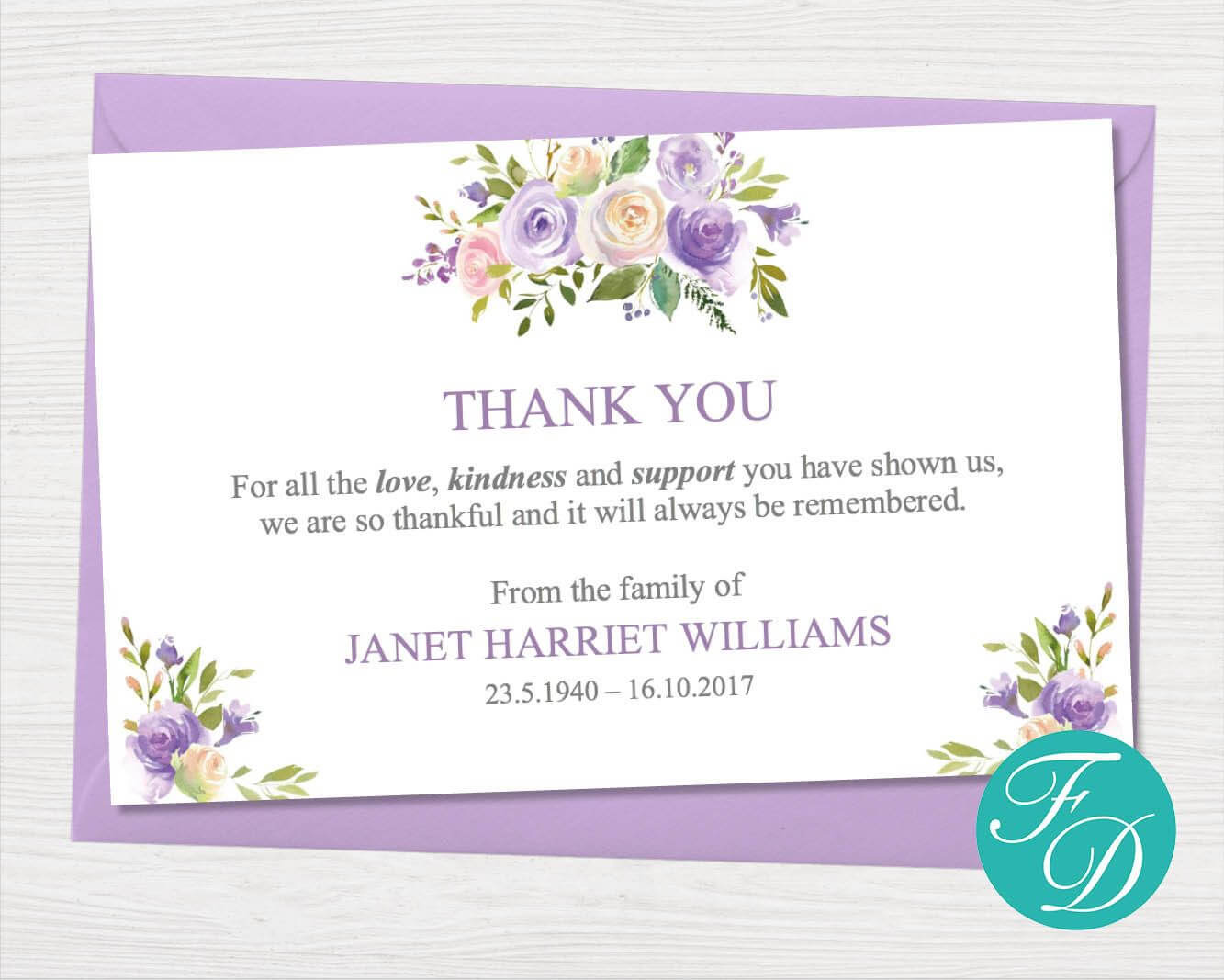 Lilac Floral Funeral Thank You Card – Printable Sympathy Regarding Sympathy Card Template