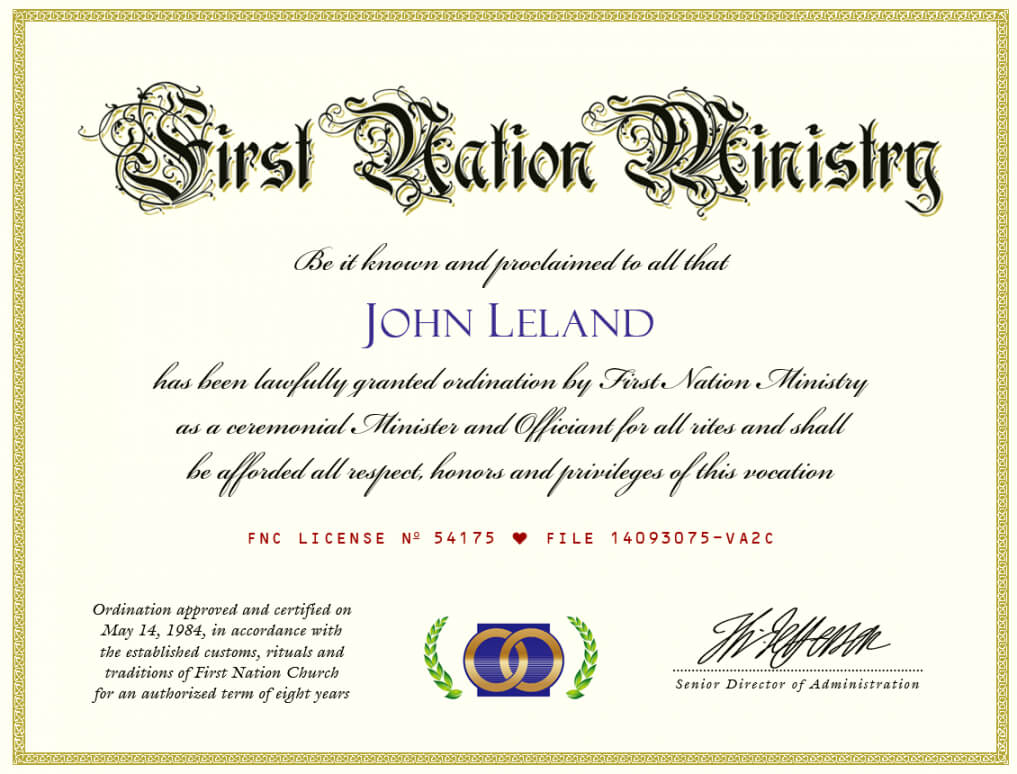 Marriage Officiant And Wedding Ceremony Minister Ordination Inside Certificate Of Ordination Template