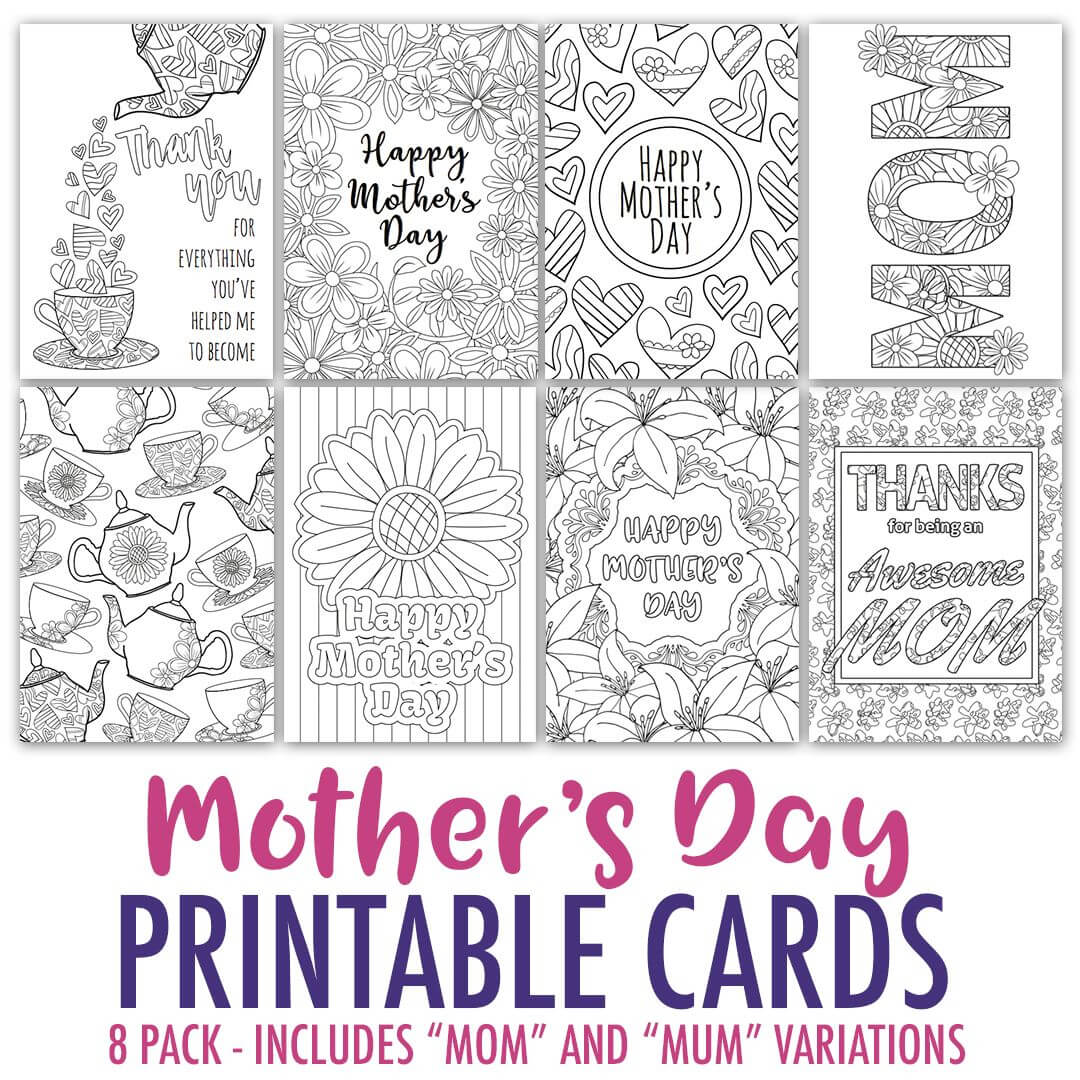 Mother's Day Coloring Cards | 8 Pack | Mothers Day Card For Mothers Day Card Templates
