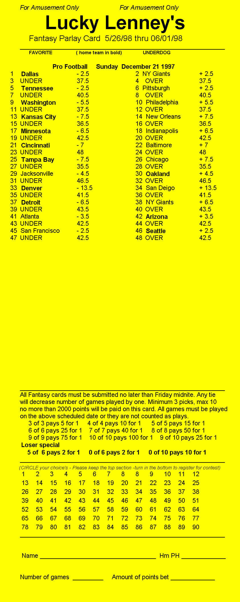 Parlay Card Designer - Sample Printout For Football Betting Card Template