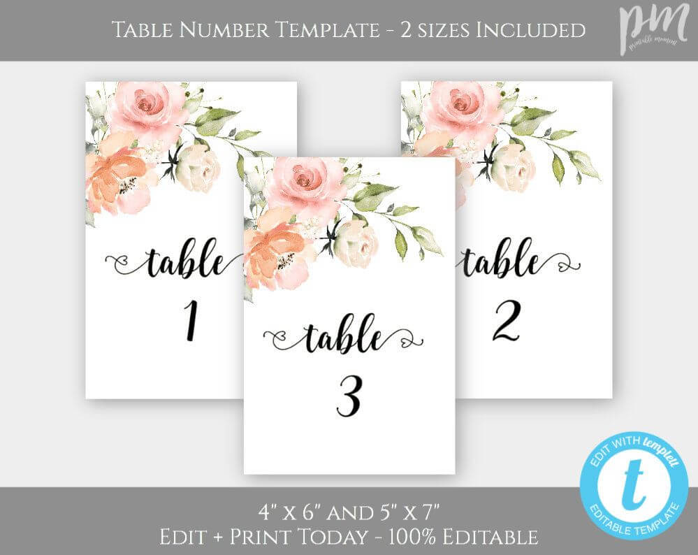 Peach + Blush Pink Floral Wedding Table Numbers, Watercolor Throughout Table Number Cards Template