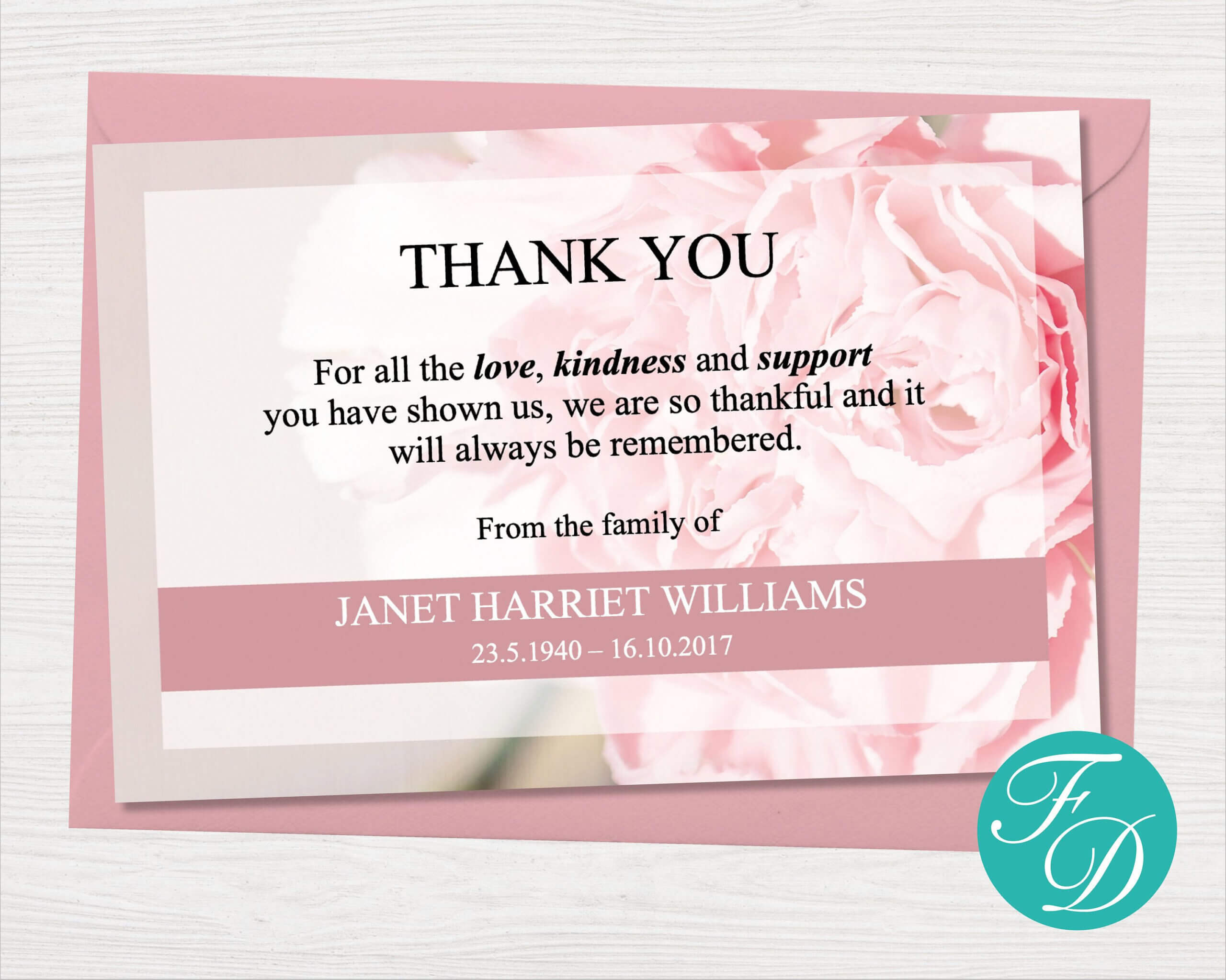 Pink Carnation Funeral Thank You Note – Funeral Template With Thank You Card Template Word