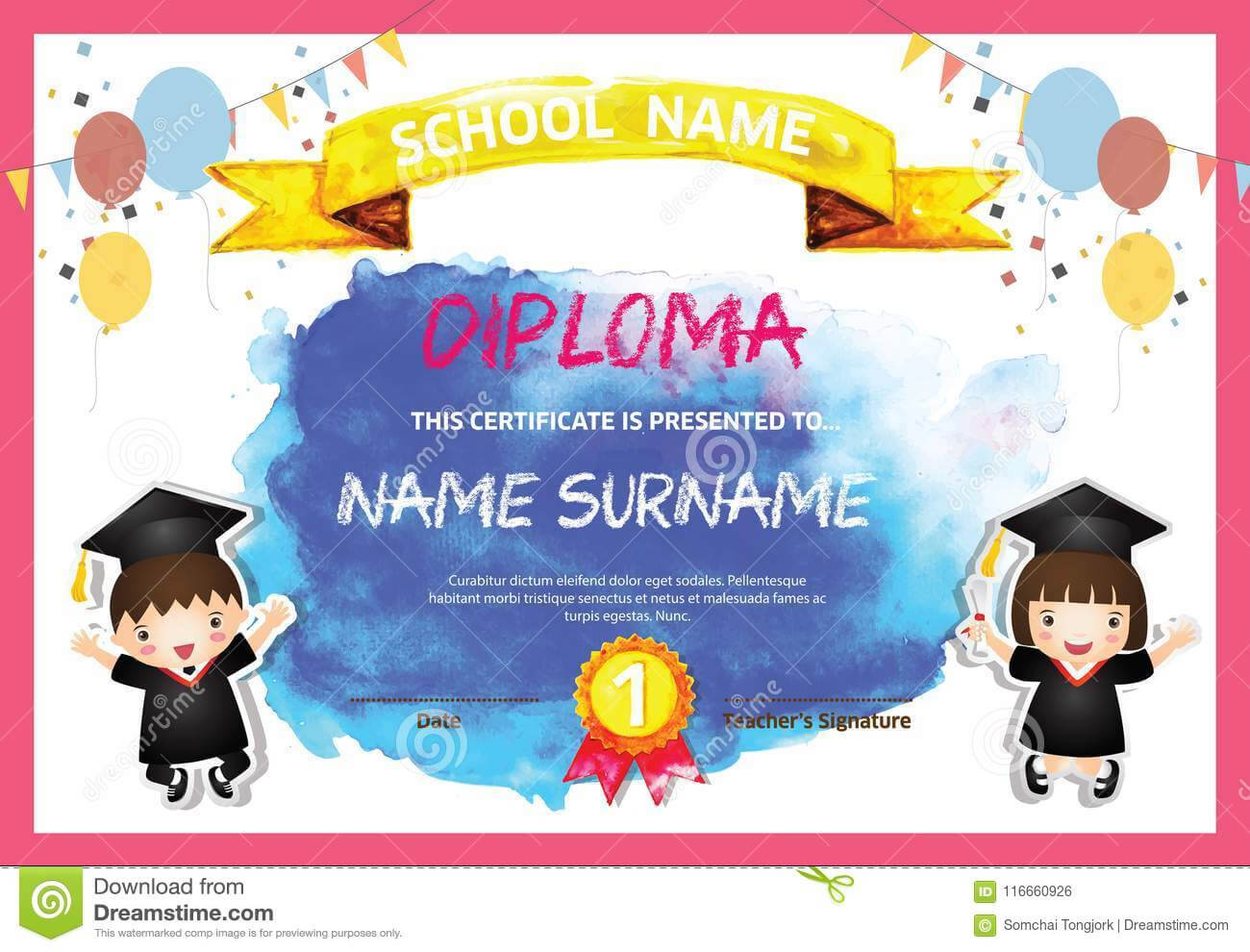 Preschool Kids Diploma Certificate Colorful Background With Children's Certificate Template