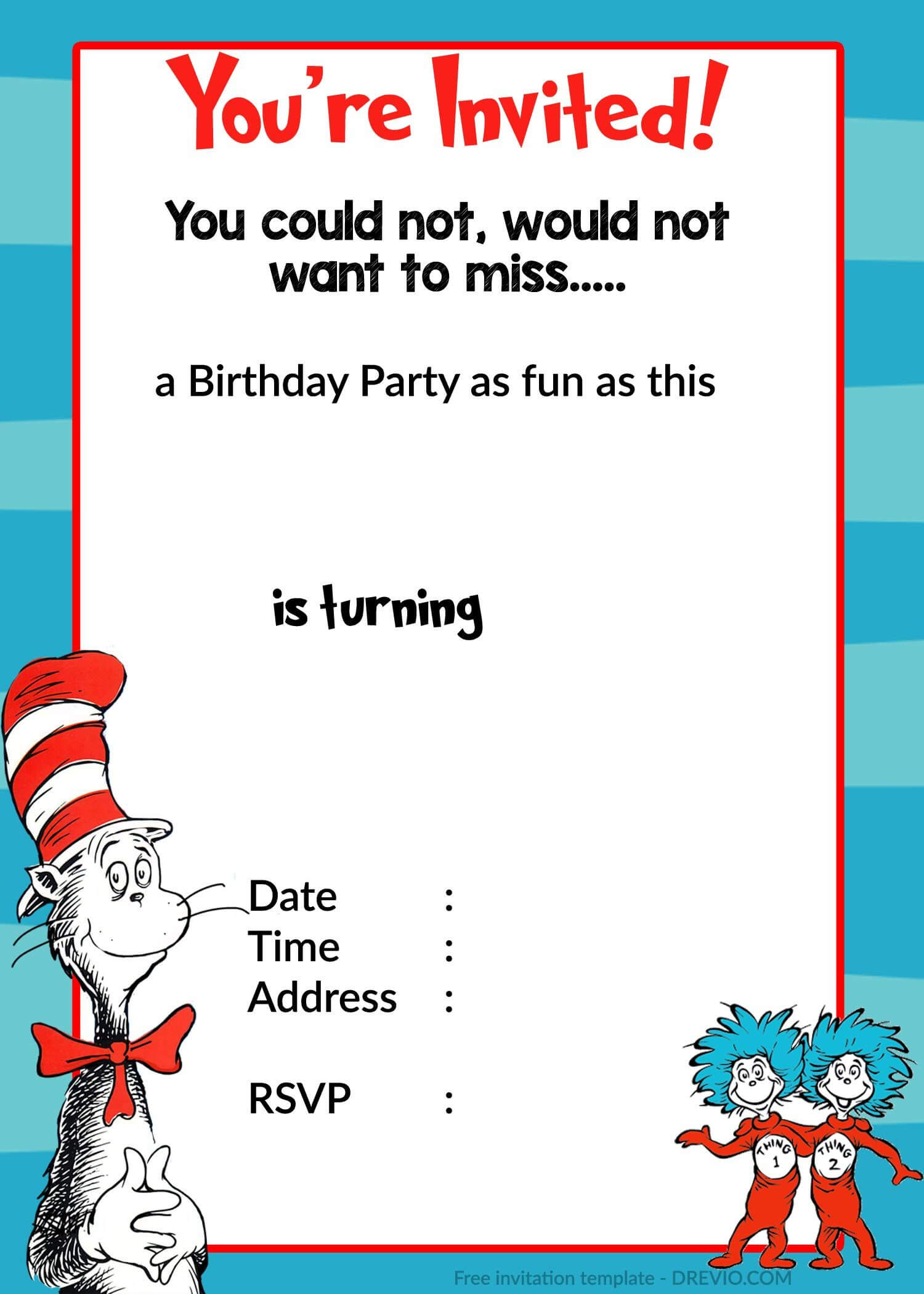Printable Dr. Seuss Birthday Invitation | Birthday For Dr Seuss Birthday Card Template