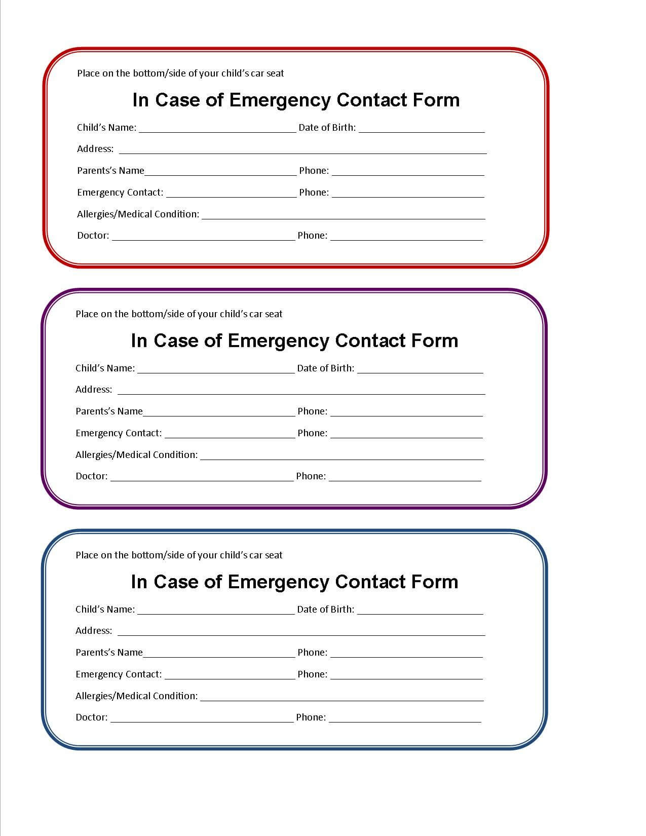 Printable Emergency Contact Form For Car Seat | Emergency With Medical Alert Wallet Card Template