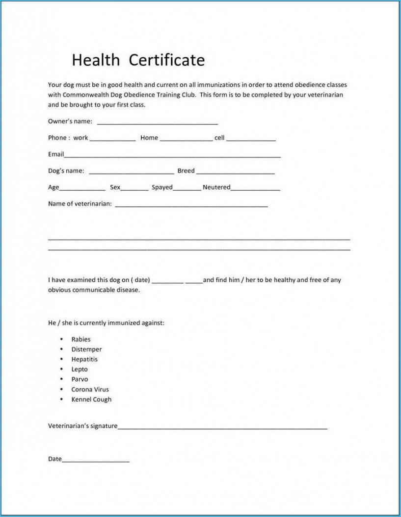 Printable Pet Health Certificate Template 7127 Pet Health Intended For Veterinary Health Certificate Template