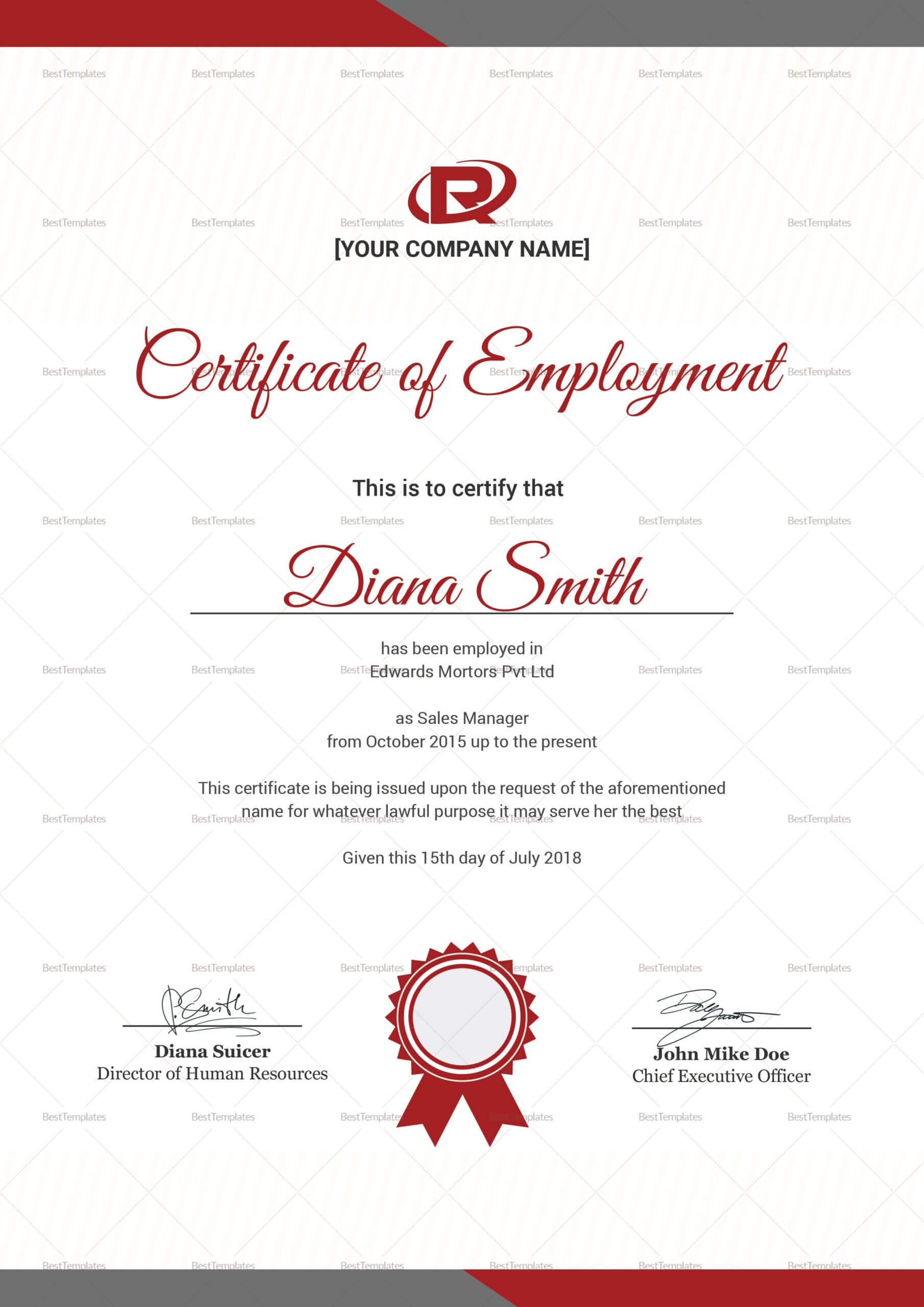 Productive Employment Certificate Template | Certificate Pertaining To Sales Certificate Template
