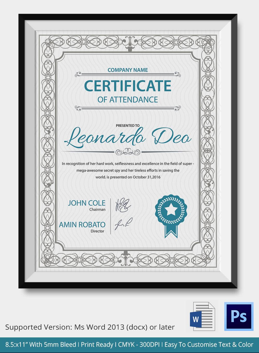 Professional Editable Certificate Of Attendance Template With Professional Certificate Templates For Word