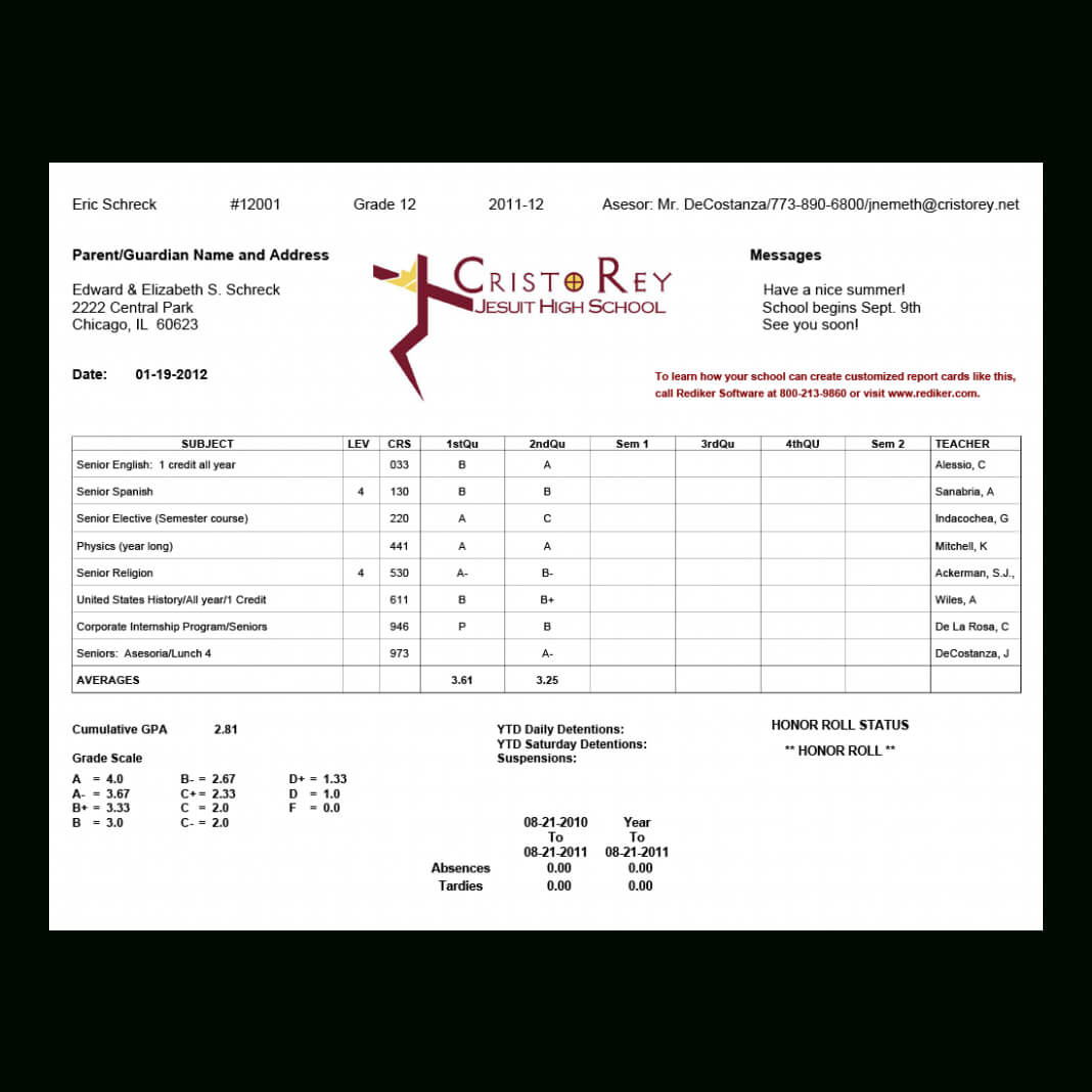 Report Card Template College Cristo Rey High School 4Web Regarding Fake College Report Card Template
