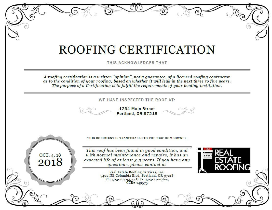 Roof Certification: Sample | Real Estate Roofing Regarding Roof Certification Template