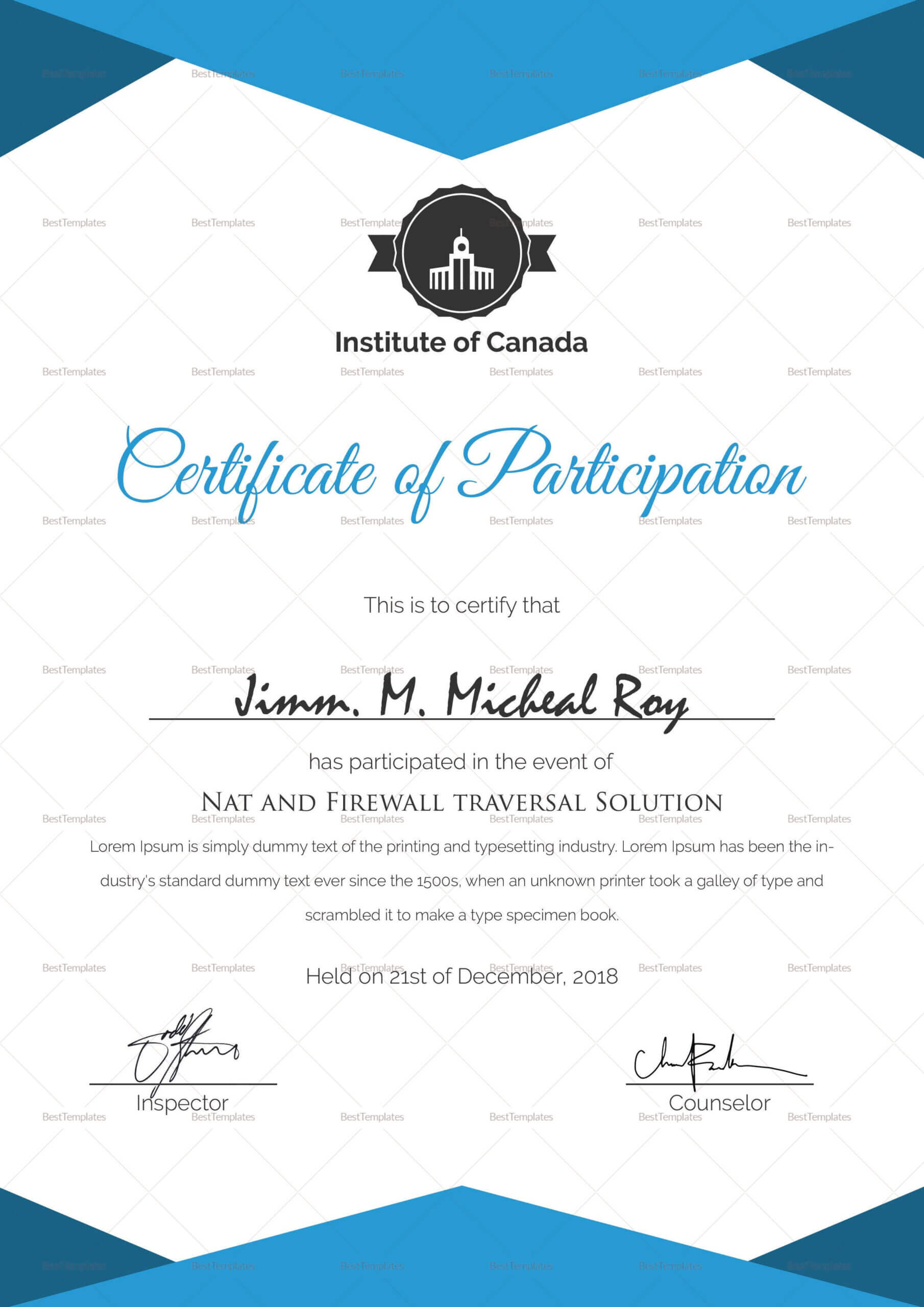 Sample Certificate Of Participation Template | Certificate With Sample Certificate Of Participation Template