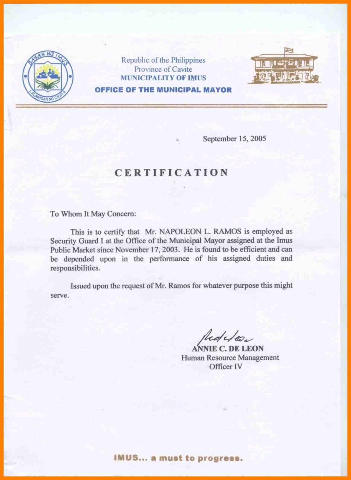Sample Certification Letter Philippines Certificate Regarding Officer