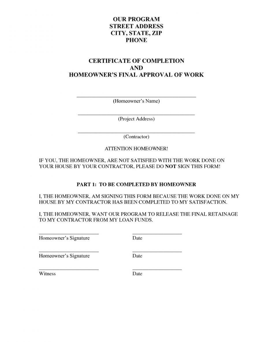 Sample Of Certificate Of Completion Of Construction Project Throughout Certificate Of Completion Template Construction