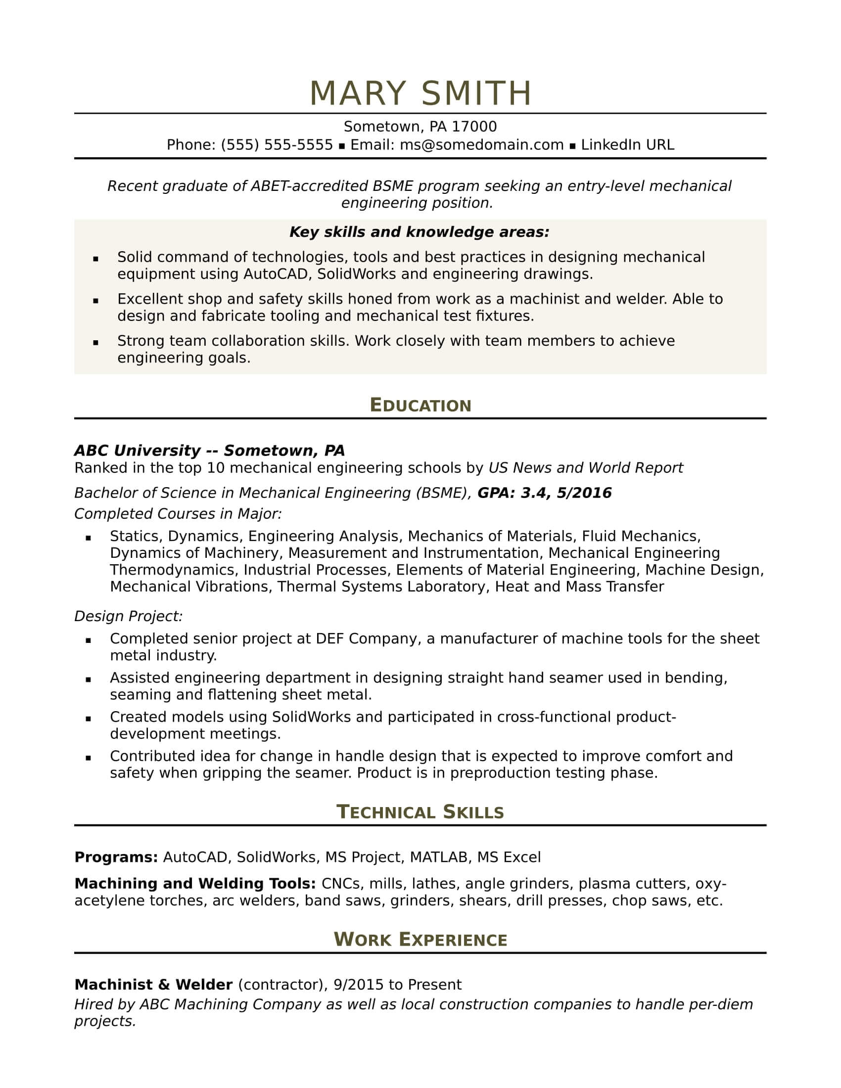 Sample Resume For An Entry Level Mechanical Engineer Inside Mechanic Job Card Template