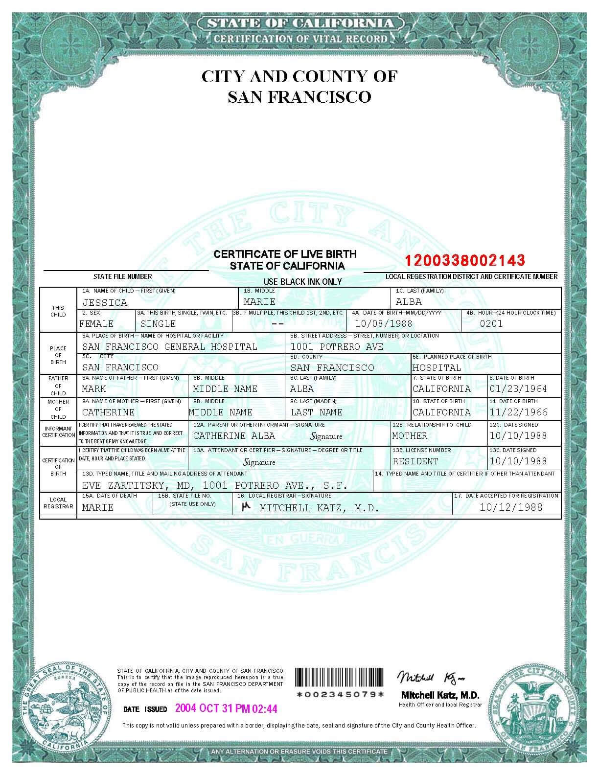 San Francisco Birth Certificate Template | Psd | Birth With Fake Birth Certificate Template