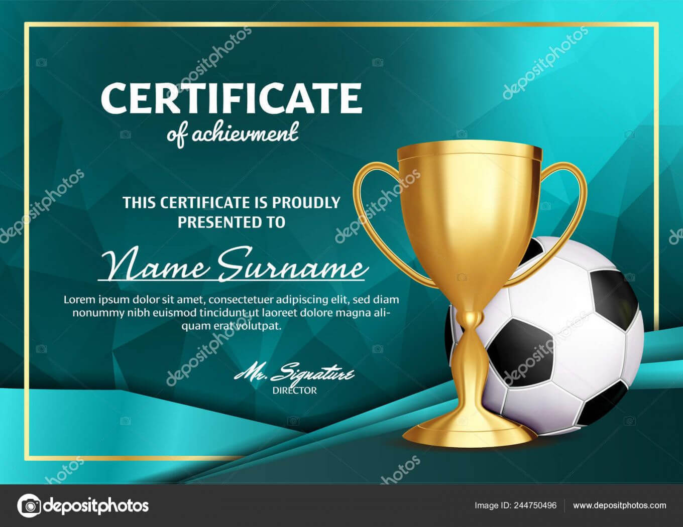 Soccer Certificate Diploma With Golden Cup Vector. Football .. Intended For Soccer Certificate Template Free