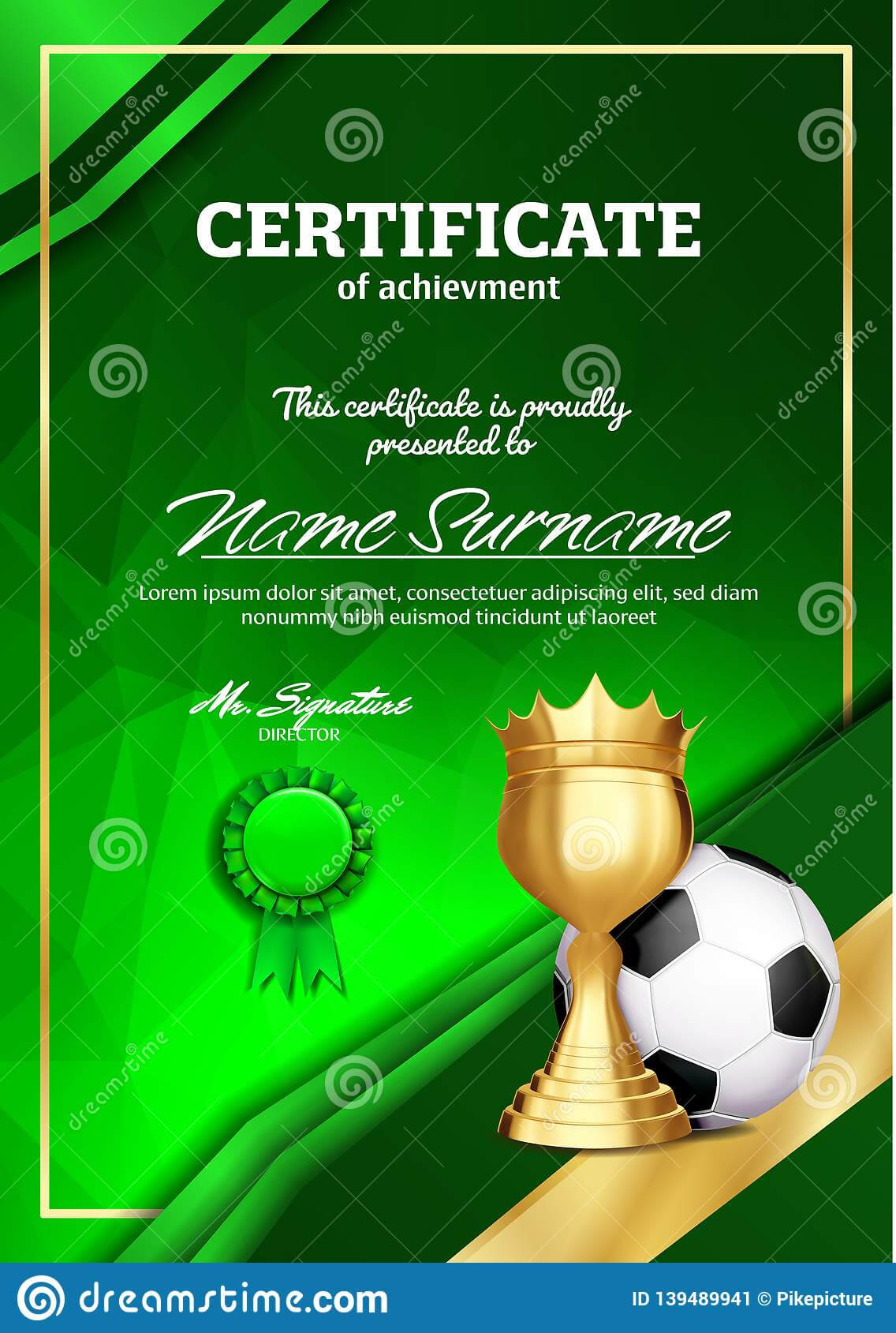 Soccer Certificate Diploma With Golden Cup Vector. Football With Regard To Soccer Certificate Template Free