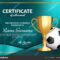 Soccer Certificate Diploma With Golden Cup Vector. Football .. With Soccer Award Certificate Template
