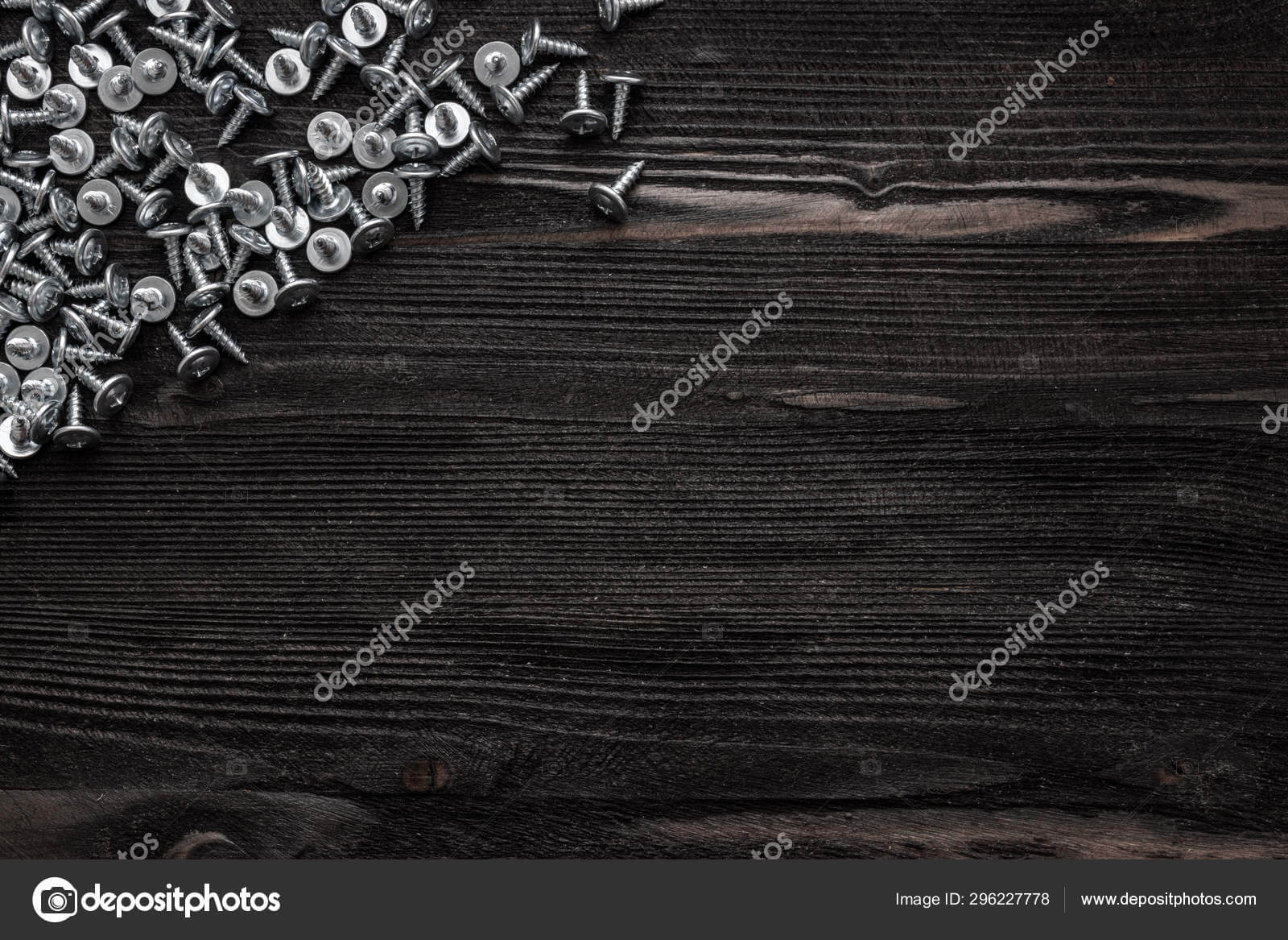 Some Wood Crews On Dark Wooden Desk Board Surface. Top View In Borderless Certificate Templates