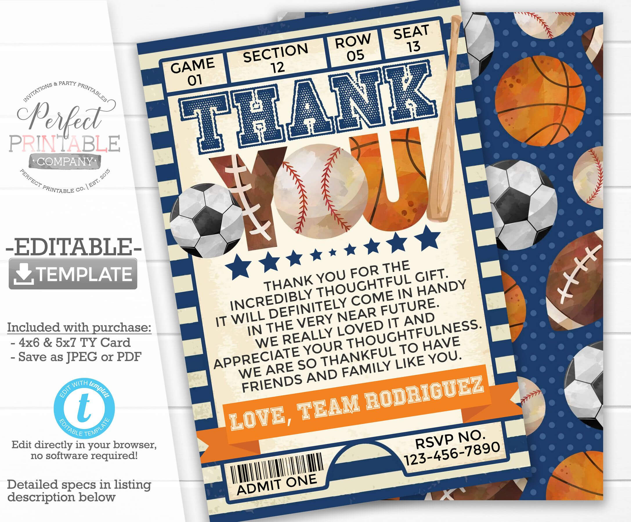Sports Thank You Card, Sports Thank You Note, Birthday Party Regarding Soccer Thank You Card Template