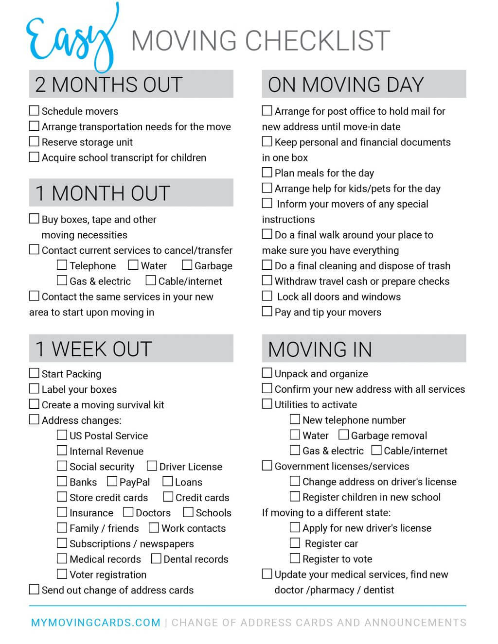 Spreadsheet Moving House Checklist Free Printable Download Regarding Moving House Cards Template Free