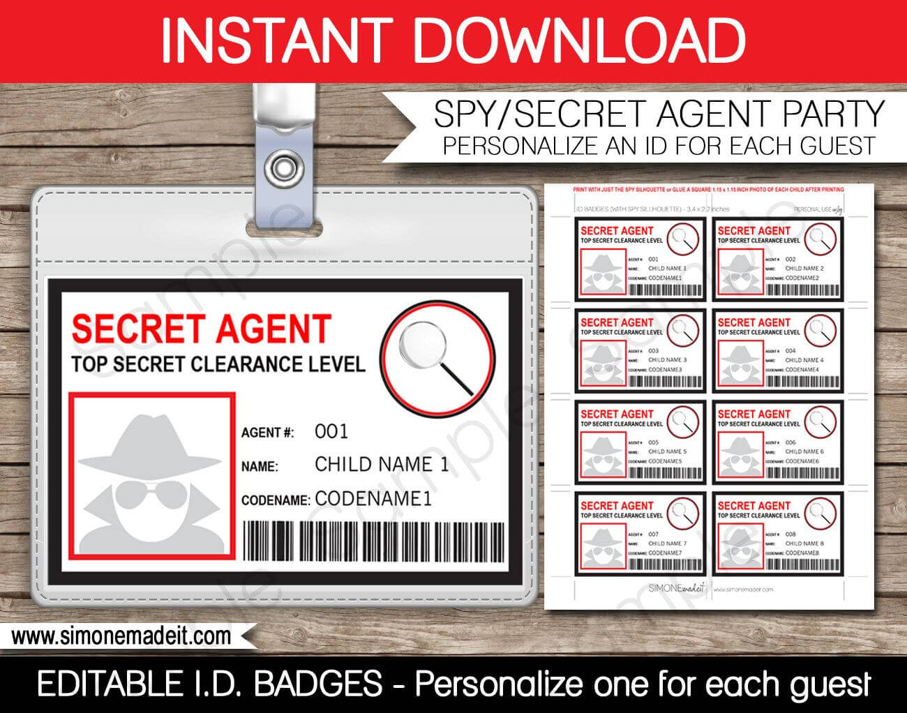 Spy Birthday Party Badge - Secret Agent Badge - Printable Id Regarding Spy Id Card Template