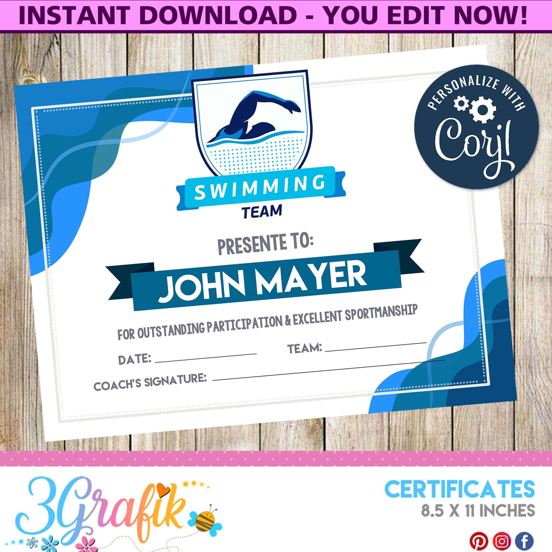 Swimming – Certificate – Printable – 3Grafik | Certificate Pertaining To Swimming Certificate Templates Free