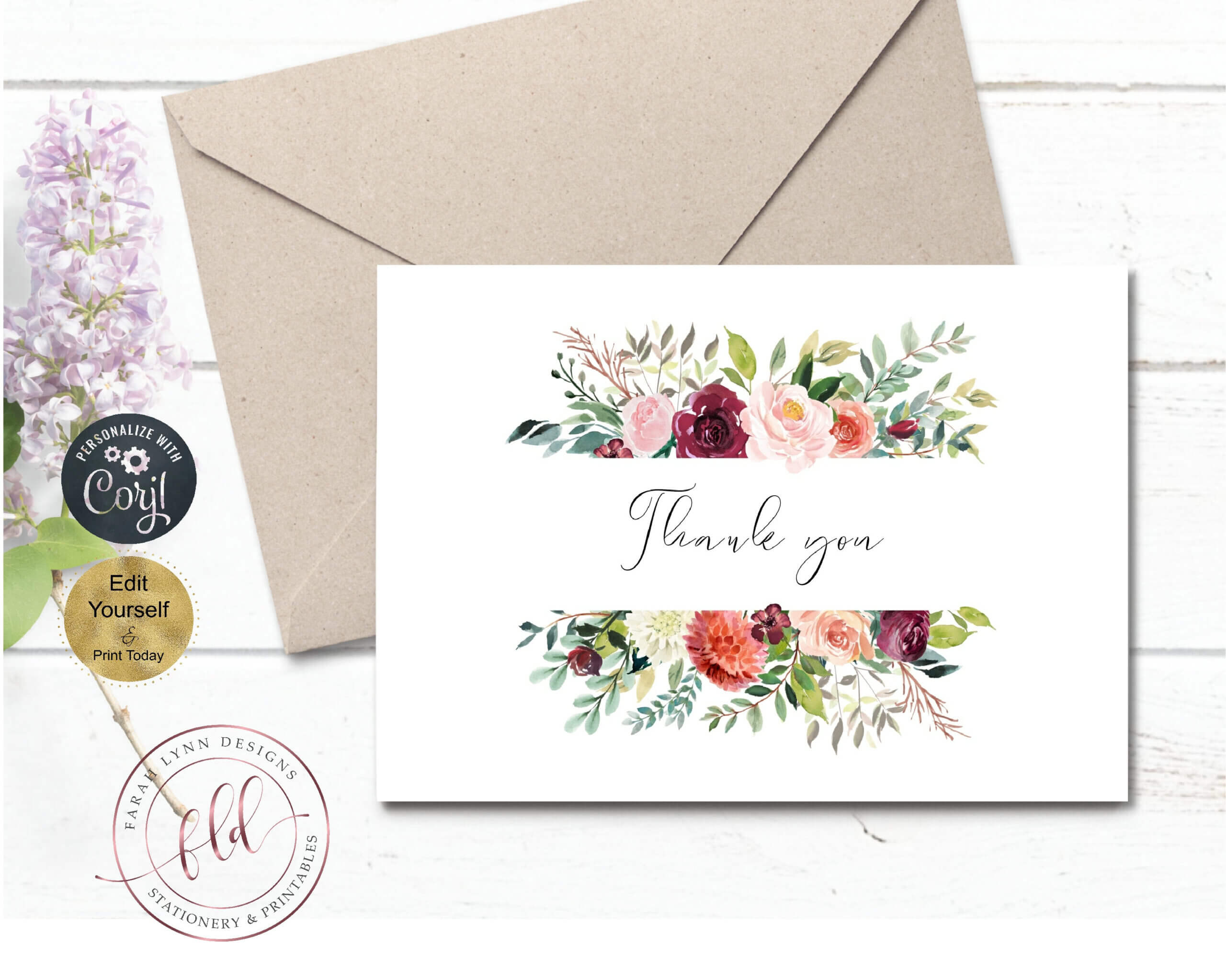 Thank You Note Card Template, Printable Fall Florals Wedding In Thank You Note Cards Template