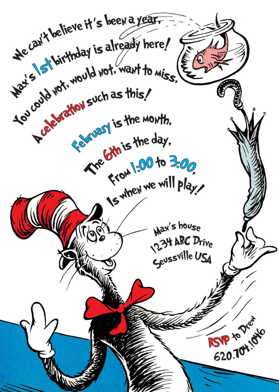 The Cat In The Hat Birthday Invitation. Printable | Dr Seuss Intended For Dr Seuss Birthday Card Template