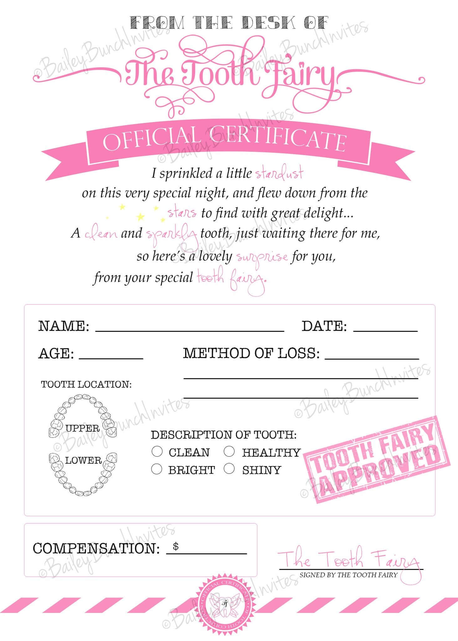 Tooth Fairy Certificate – Pink – Instant Download Intended For Free Tooth Fairy Certificate Template