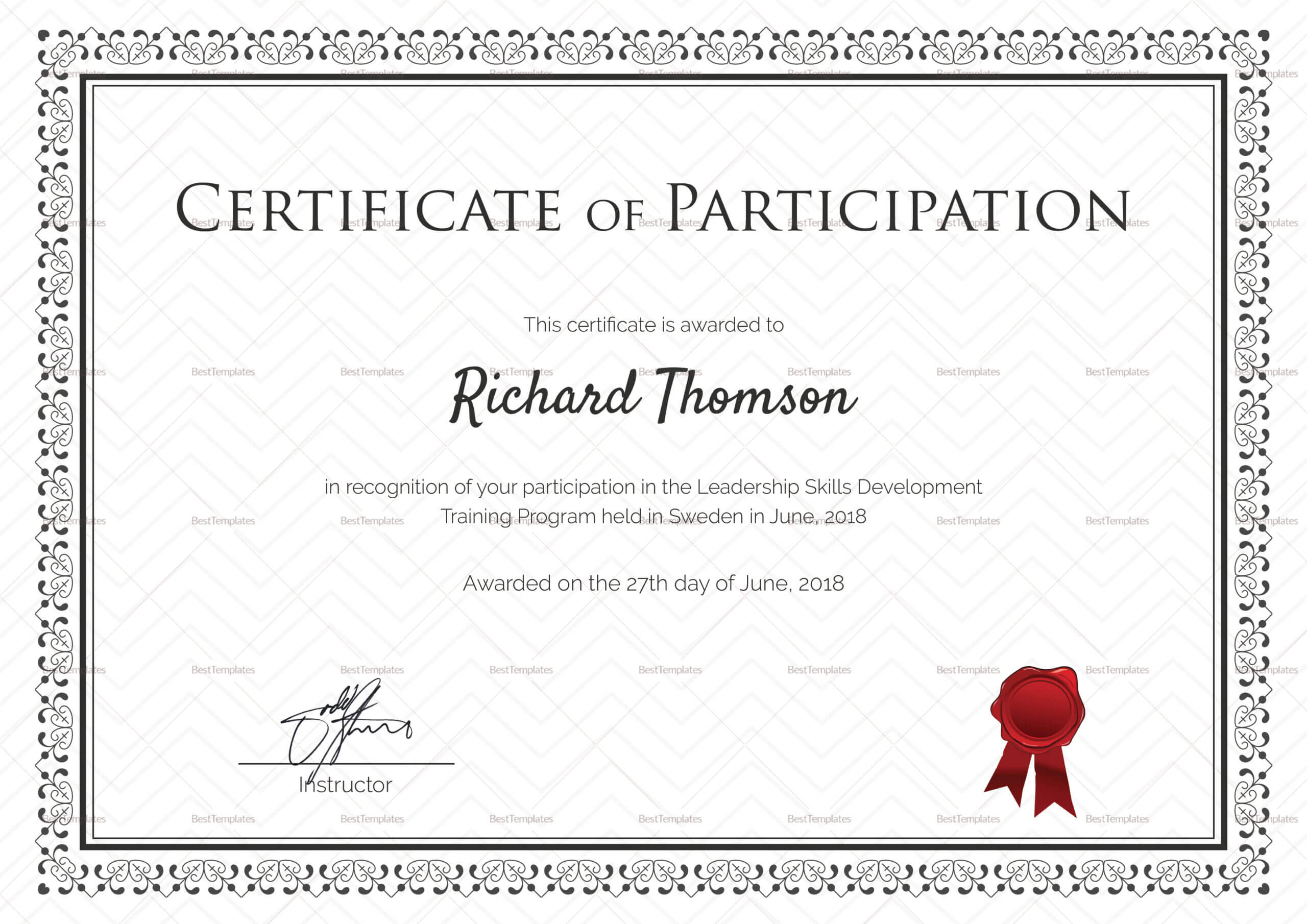 Training Participation Certificate Template For Templates For Certificates Of Participation