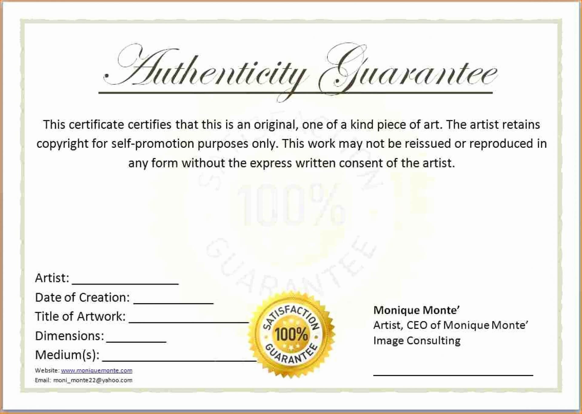 Unique Certificate Of Authenticity Template Free Ideas Art With Regard To Certificate Of Authenticity Template