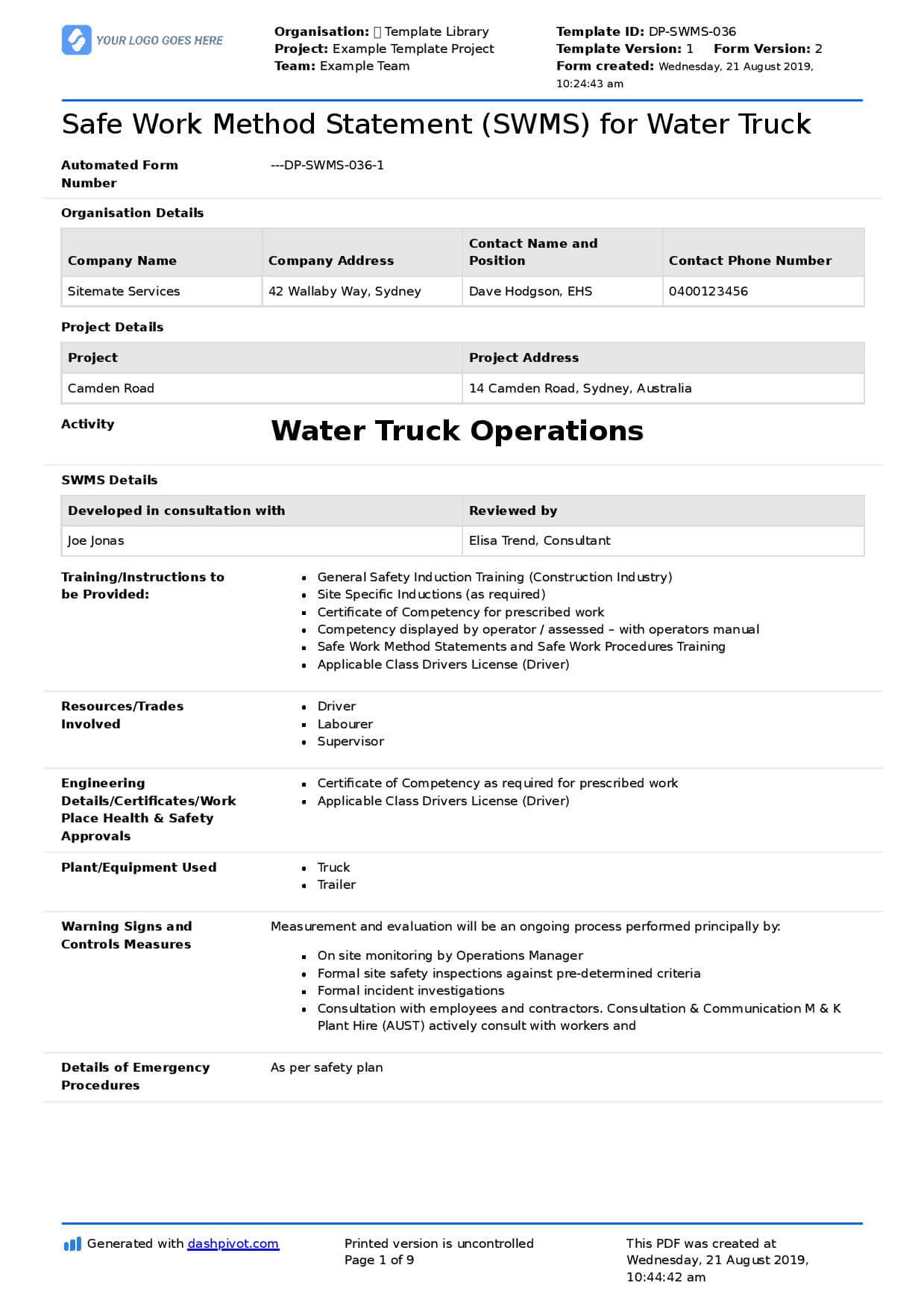 Water Truck Safe Work Method Statement (Free + Editable Swms) Regarding Safe Driving Certificate Template
