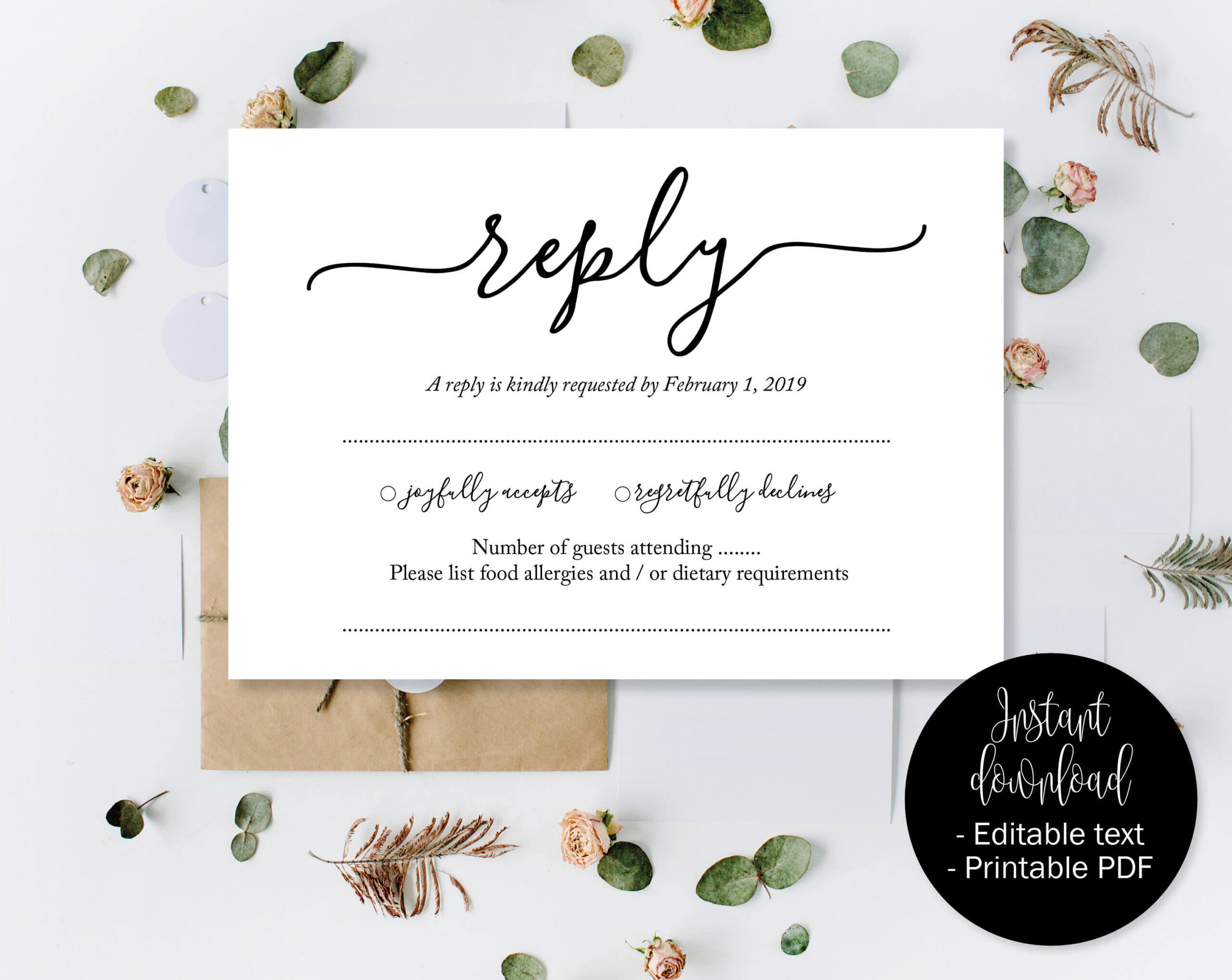 Wedding Rsvp Cards, Wedding Reply Attendance Acceptance Cards, Rsvp  Template Printable Editable Wedding Postcard Download Simple Rsvp Insert Inside Acceptance Card Template