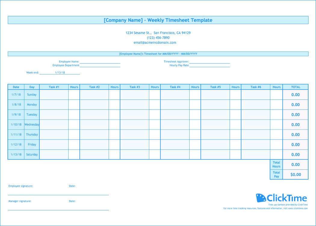 Weekly Timesheet Template | Free Excel Timesheets | Clicktime For Weekly Time Card Template Free
