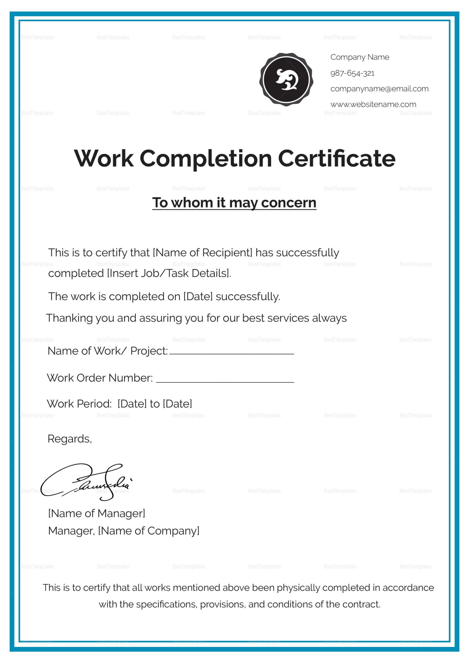 Work Completion Certificate Template In 2020 | Certificate In Construction Certificate Of Completion Template