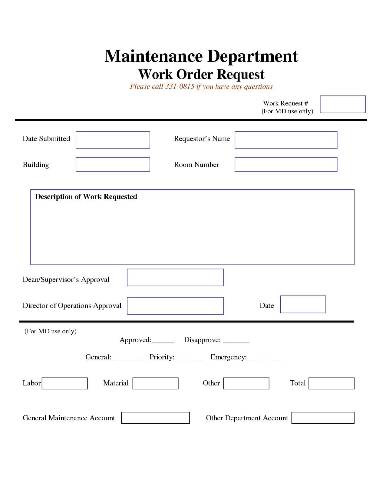 Work Request Form | Maintenance Work Order Request Form Throughout Service Job Card Template