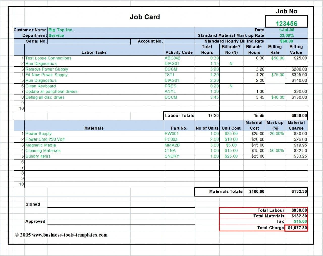 Workshop Job Card, Labor & Material Cost Estimator For Service Job Card Template